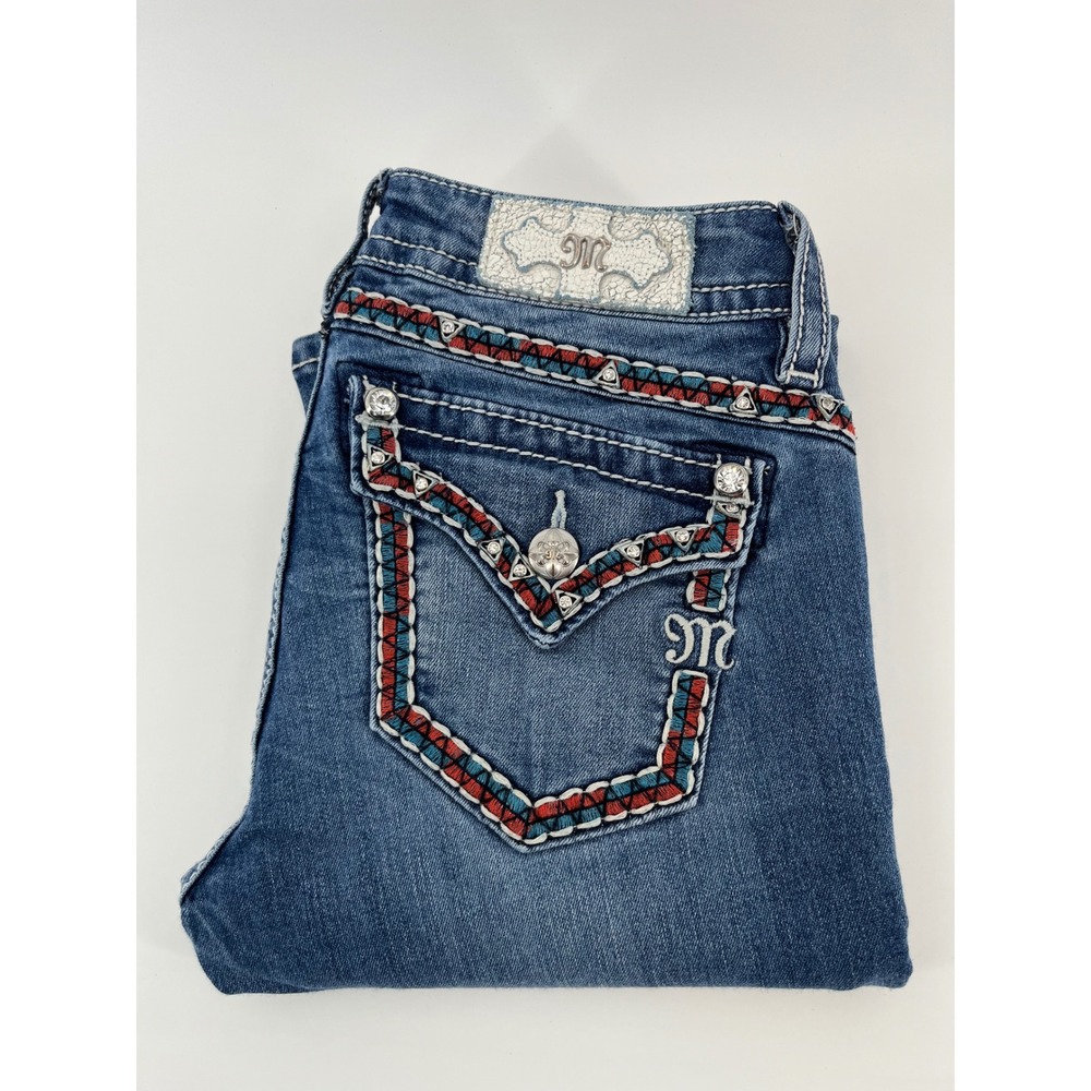 Miss Me Slim Bootcut Jeans Womens 25 Blue Denmin MP7698SB Mid Rise Rhinestone